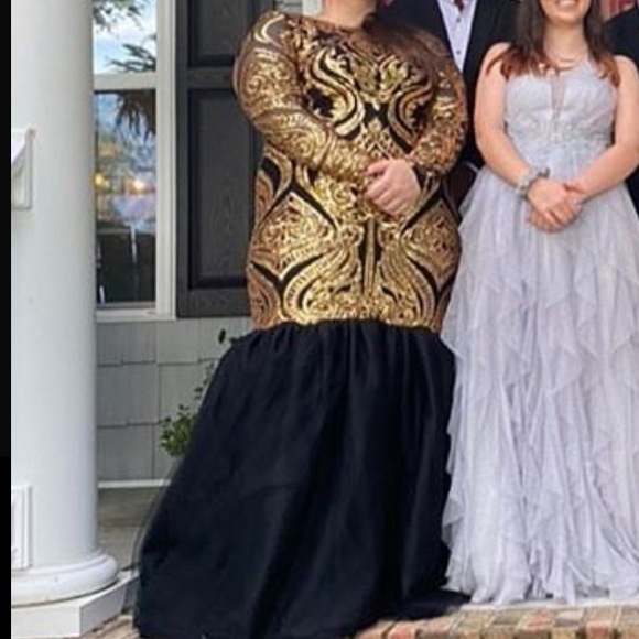 custom made, black and gold, formal prom dress - Picture 3 of 5